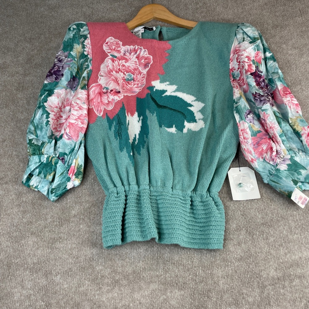 Anne Crimmins Umi Collections Sweater Floral Puff‎ Sleeve Knit Aqua Pink Sz L - Picture 2 of 15